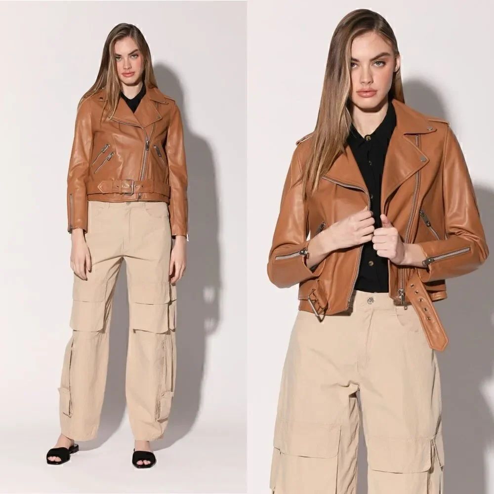 Walter Baker $698 Alison Leather biker jacket in Camil brown